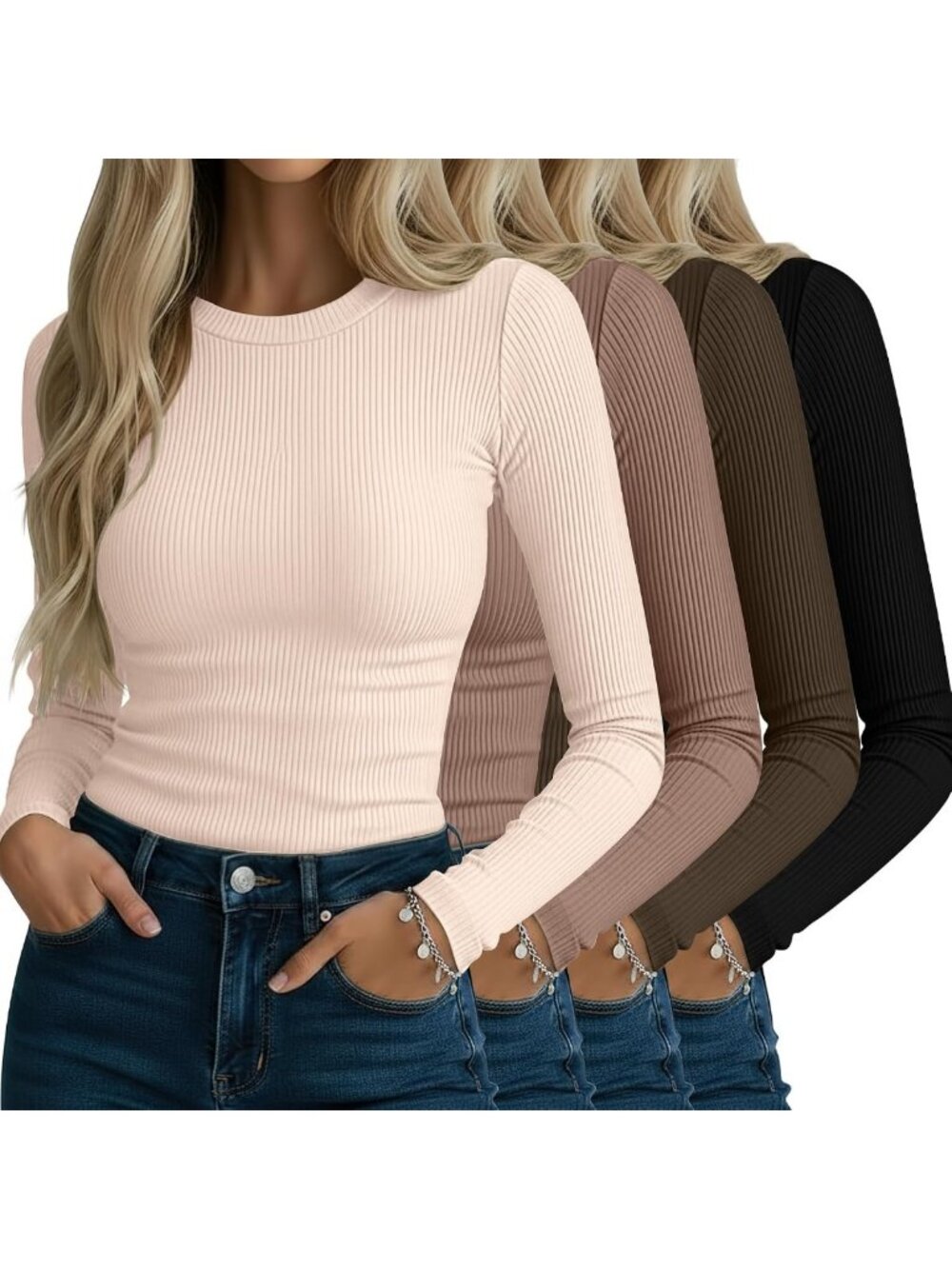 4 Pack Women's Ribbed Long Sleeve Cotton Tops - Essential Basic Tees
